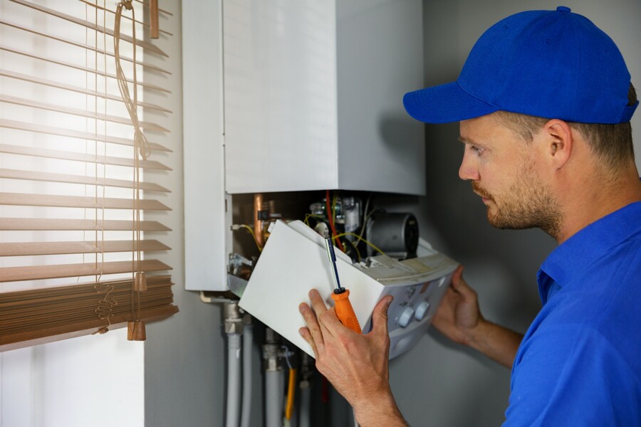 Plumber inspecting a wall-mounted water heater in a home during winter maintenance