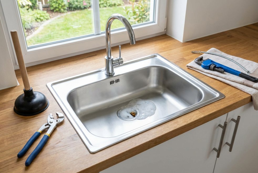 Clogged kitchen sink drain with plumber tools on countertop near stainless steel sink and faucet
