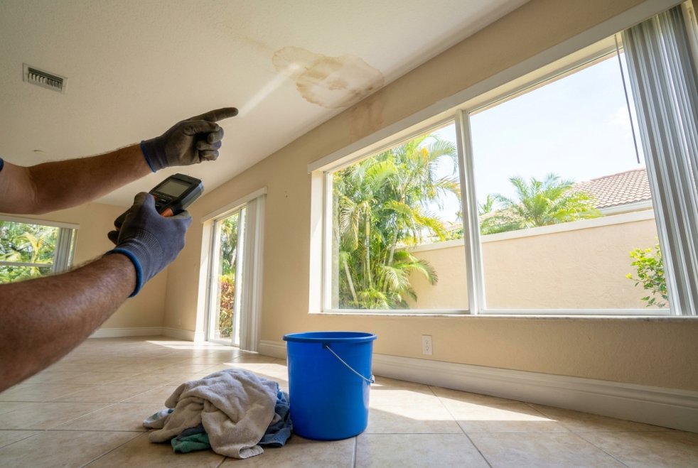 Plumber inspecting a ceiling water stain for a possible leak in a bright Boca Raton home