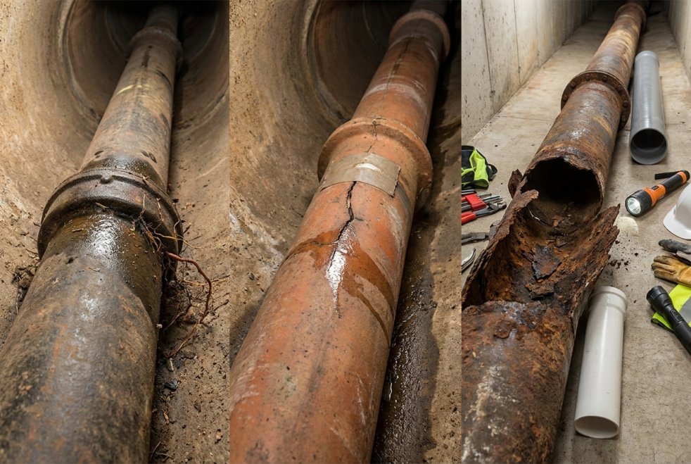 Damaged sewer pipes with rust, cracks, and a collapsed section beside repair tools in a trench
