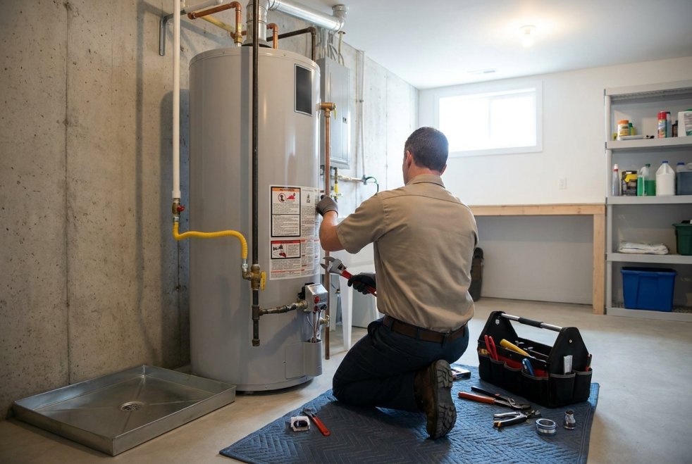 Plumber repairing a water heater in a home utility room with tools nearby